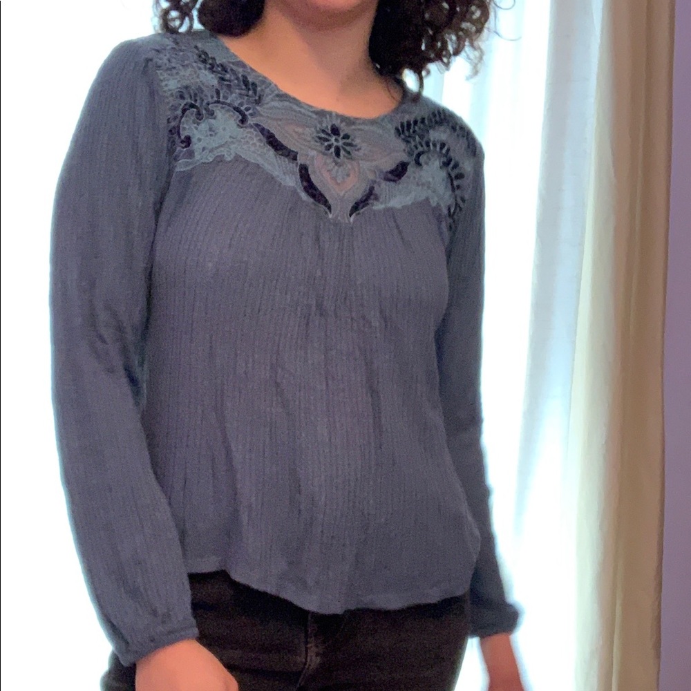 Lucky Brand velvet appliqué yoke top.